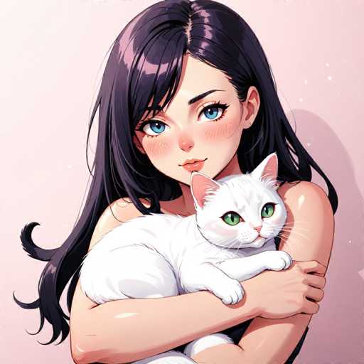 A woman with long dark hair is holding a white cat on her lap against a pink background.