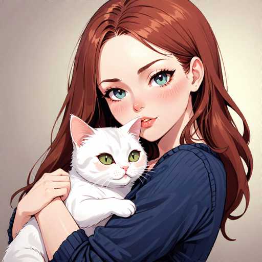 A woman with long brown hair is hugging a white cat in her arms against a light gray background.