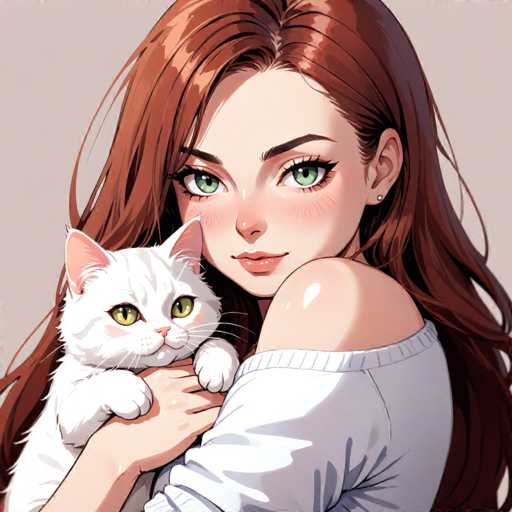 A woman with long brown hair is holding a white cat in her arms against a light gray background.