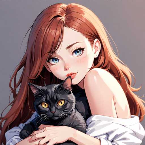 A woman with long red hair is hugging a black cat. The cat has striking yellow eyes and is looking directly at the camera.