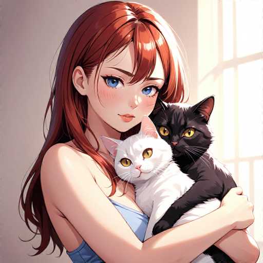 A woman with long red hair is holding a black and white cat on her lap while standing next to a window.