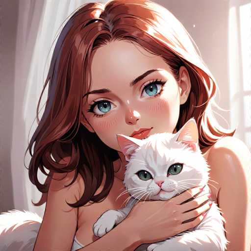 A woman with brown hair is holding a white cat on her lap. The cat has green eyes and pink ears.