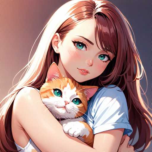 A woman with long brown hair is hugging a white and orange cat. The cat has green eyes and appears to be looking up at the camera.