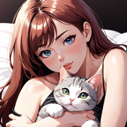 A woman with long brown hair is hugging a cat that has white and gray fur. The cat's eyes are closed as it rests on the woman's chest.