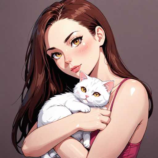 A woman with long brown hair is holding a white cat in her arms against a gray background.