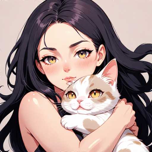 The image depicts a woman with long dark hair embracing a white and brown cat. The woman is wearing a black dress, and the cat has a mix of white and brown fur.