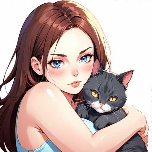 A woman with long brown hair is hugging a black cat.