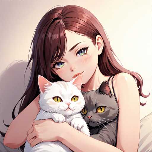 A woman with long brown hair is holding two cats - one white and the other gray. The scene takes place against a light beige background.