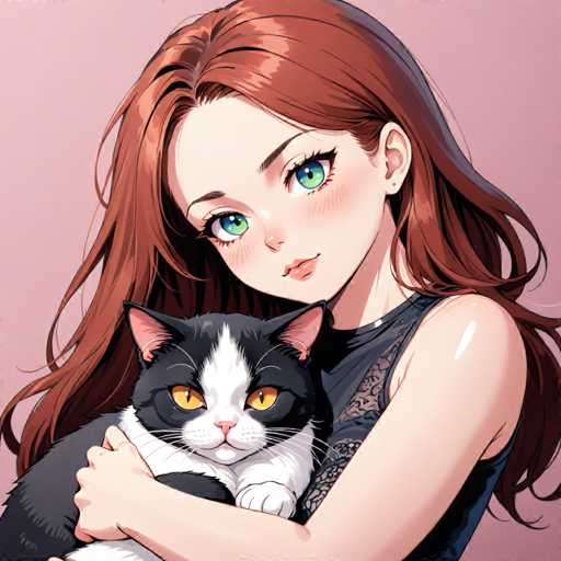 A woman with long brown hair is holding a black and white cat on her lap. The cat has striking yellow eyes that add a unique touch to the scene. The background of the image is pink, providing a soft contrast to the woman's dark hair and the cat's fur.