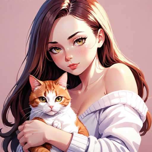 A woman with long brown hair is holding a white and orange cat on her lap. The cat has striking green eyes that contrast beautifully against its fur. The background of the image is a soft pink color, which complements the warm tones of the woman's hair and the cat's fur.