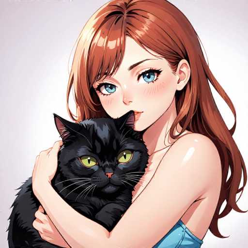 A woman with long brown hair is hugging a black cat. The cat has green eyes and appears to be looking up at the camera.