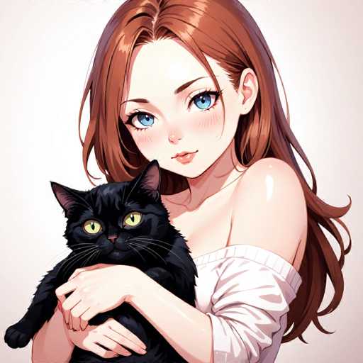 A woman with long brown hair and blue eyes is holding a black cat on her lap. The cat has green eyes and appears to be looking directly at the camera.