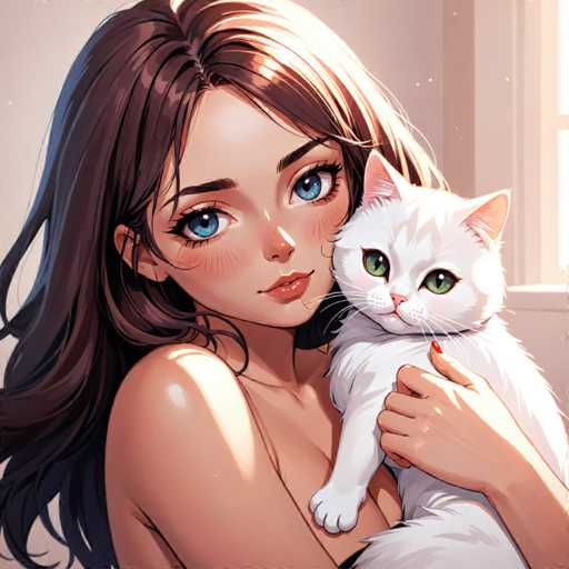 A woman with brown hair is holding a white cat on her lap. The cat has green eyes and appears to be looking directly at the camera.