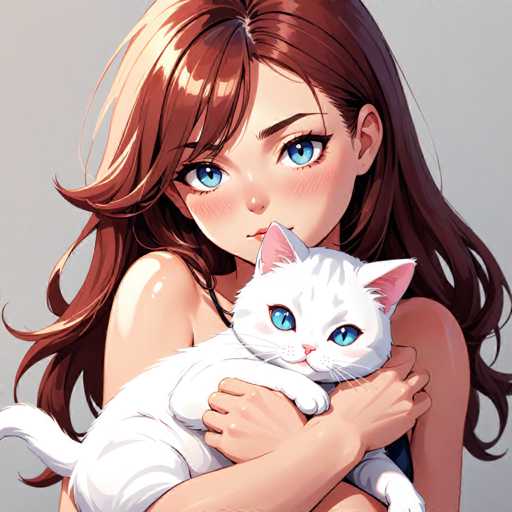 A woman with long brown hair is holding a white cat in her arms against a gray background.