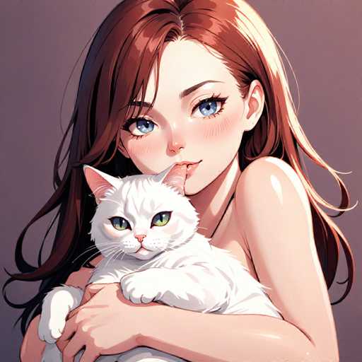 A woman with long brown hair and blue eyes is holding a white cat in her arms against a purple background.