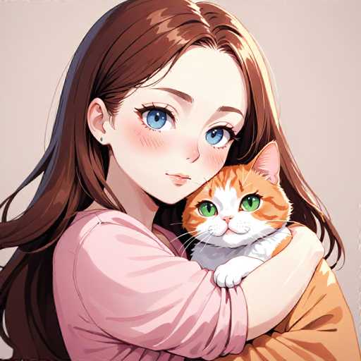 A young girl with brown hair and blue eyes is hugging a cat that has orange fur and green eyes. The girl's face is lit up with a smile as she looks directly at the camera.