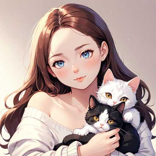 A woman with long brown hair is holding two cats - one black and white cat on her left hand and another white cat on her right hand. The background of the image is a light gray color.