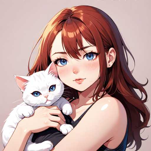 A woman with long brown hair is holding a white cat in her arms against a light gray background.