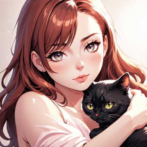 A woman with long brown hair is holding a black cat in her arms against a white background.