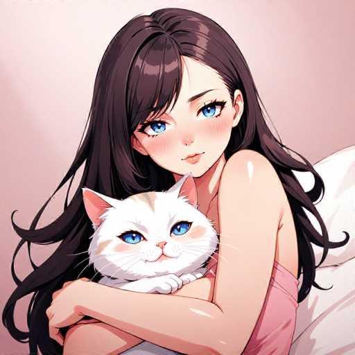 A woman with long brown hair is hugging a white cat that has blue eyes and pink ears. The cat's fur appears to be white with some gray markings on its chest.