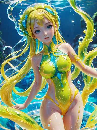 A woman with long blonde hair and blue eyes is depicted wearing a green and yellow dress that appears to be made of liquid or water-like material. The background features a dark blue color, possibly representing the ocean, and there are bubbles scattered throughout the image.