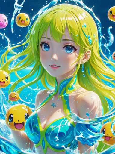 The image depicts a young girl with long blonde hair wearing a blue and green dress, standing in the water surrounded by yellow fish. The background is a deep blue color, creating a contrast with the girl's vibrant attire.