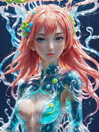 The image depicts an anime character with long red hair and a blue body suit adorned with green leaves. The character is wearing a flower crown on her head and has a fish-like tail that flows behind her as she walks.