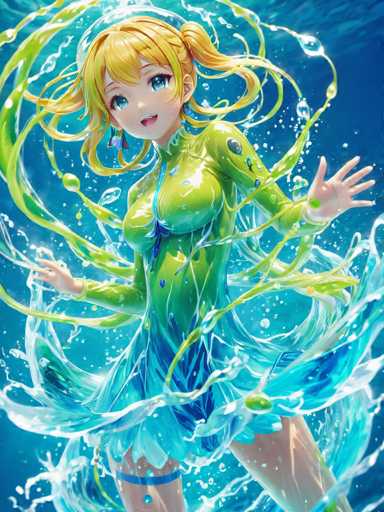 A woman with blonde hair and blue eyes is depicted wearing a green dress that appears to be made of water droplets. The background features a deep blue color, which contrasts with the woman's dress and creates a sense of depth in the image.