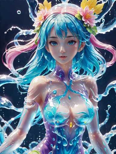 The image depicts a female character with blue hair and a flower crown on her head, standing against a dark background that is illuminated by water droplets. The character's face is partially obscured by the water droplets, adding an ethereal quality to the scene.