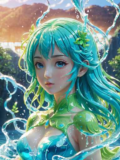 The image depicts a digital illustration of a young girl with long, vibrant green hair and blue eyes. She is wearing a blue dress that matches the color of her hair. The background features a waterfall cascading down into an ocean, creating a sense of movement and depth in the scene.