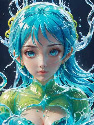 The image shows an illustration of a woman with blue hair and green skin. She is wearing a green dress that appears to be made of water droplets, giving her the appearance of being underwater or submerged in water. The background is dark, which contrasts with the bright colors of the woman's hair and dress.