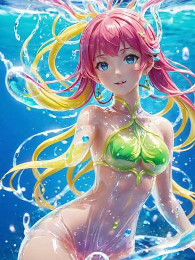 The image depicts a mermaid with long blonde hair and vibrant pink hair, wearing a green bikini top and blue skirt. The mermaid is underwater, surrounded by bubbles that create an ethereal effect around her.