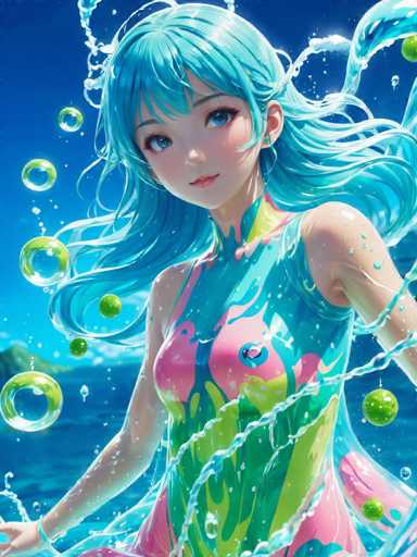 A young girl with blue hair is shown wearing a vibrant green and pink dress that appears to be made of water droplets or bubbles. The background features a clear blue sky dotted with white clouds, creating an ethereal atmosphere.