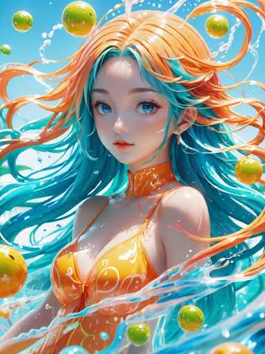 The image depicts an illustration of a woman with long, vibrant blue hair and orange hair styled into waves. She is wearing a yellow dress that contrasts with her colorful hair. The background features a clear blue sky dotted with numerous small orange balls scattered throughout the scene.