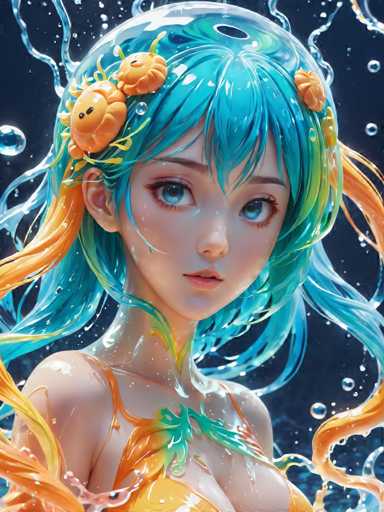 The image shows an illustration of a woman with blue hair and orange flowers on her head. She is wearing a yellow dress that has a green leaf design. The background features water droplets falling from the sky, creating a sense of movement and depth in the scene.