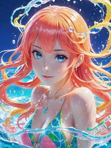 The image depicts an orange-haired girl with blue eyes wearing a green and white swimsuit, standing in the water surrounded by bubbles.