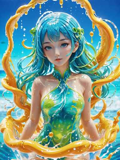 A woman with blue hair and a green dress is depicted against a backdrop of a clear blue sky and ocean waves. The colors used in the image are predominantly blue, yellow, and white.