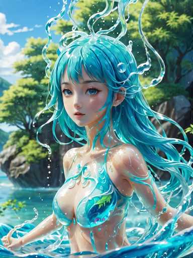 A blue-haired girl is depicted wearing a bikini and standing in water with her arms outstretched. The background features trees and mountains under a clear sky.