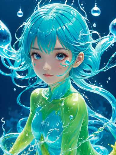 The image depicts an anime character with blue hair and green skin, wearing a green outfit that appears to be made of water droplets. The character is positioned against a dark background, which contrasts with the vibrant colors of their attire.