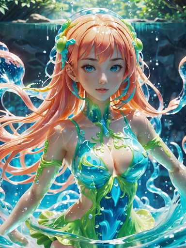 The image depicts a female character with long blonde hair and bright orange hair, wearing a green dress adorned with blue flowers. The character is standing in water surrounded by floating bubbles, suggesting an underwater or aquatic setting.