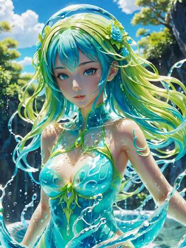 A woman with long blonde hair and blue eyes is depicted wearing a green dress adorned with flowers on her head. She stands in front of a waterfall, which is surrounded by lush trees and bushes. The background features a sky filled with clouds.