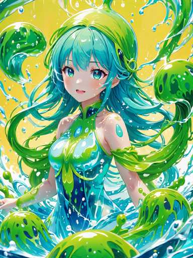 A young girl with long green hair and blue eyes is depicted wearing a dress that appears to be made of water droplets or bubbles. The background features a gradient of yellow and green colors, creating an impressionistic style reminiscent of the anime "Dragon Ball Z".