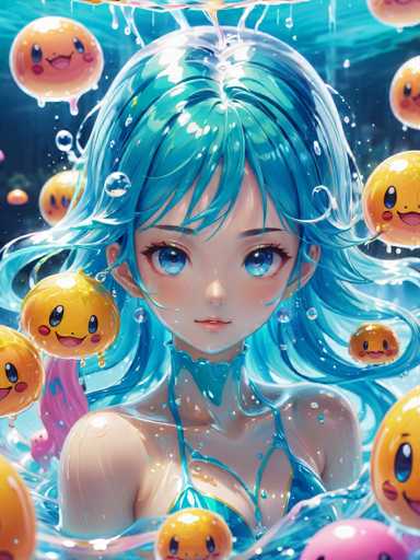 The image depicts a girl with blue hair and a bikini top surrounded by numerous yellow jellyfish floating around her head. The background is filled with more jellyfish of various sizes, creating an underwater scene.