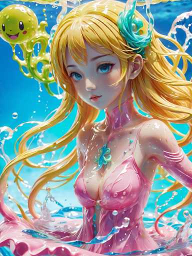 A digital illustration of a blonde girl with blue eyes and long hair wearing a pink dress is shown underwater surrounded by bubbles. The background features a clear blue sky and water splashing around the girl's head.