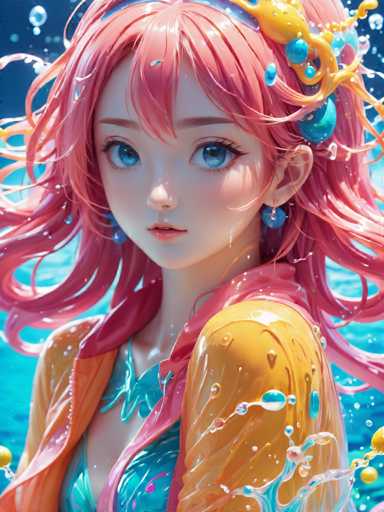 The image depicts a young girl with vibrant pink hair and an orange top, wearing a yellow jacket that contrasts with her colorful appearance. She is looking directly at the camera, creating a sense of connection between the viewer and the subject. The background features a blue sky filled with white clouds, adding depth to the scene and enhancing the overall visual appeal.