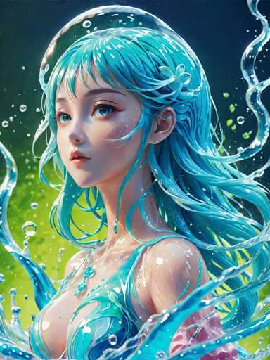 The image depicts a woman with blue hair and a green dress standing underwater surrounded by water droplets. The background is a gradient of blue and green colors, creating an ethereal atmosphere.