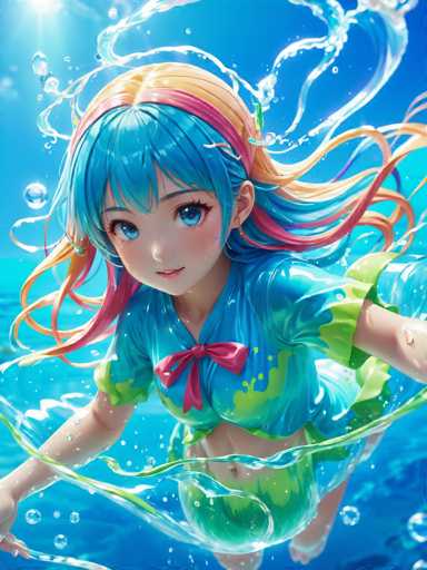 A young girl with blue hair and a green dress is shown swimming underwater, surrounded by bubbles.