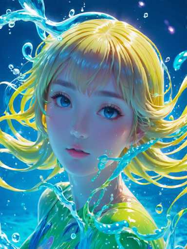 The image depicts a young girl with blonde hair and blue eyes, wearing a green dress that appears to be splashing with water droplets. The background is a deep blue color, creating a contrast with the girl's vibrant attire.