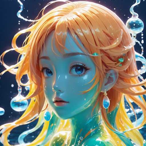 The image depicts an anime character with long blonde hair and blue eyes wearing a green outfit that appears to be made of water droplets or bubbles. The character is looking directly at the camera with a serious expression on their face.