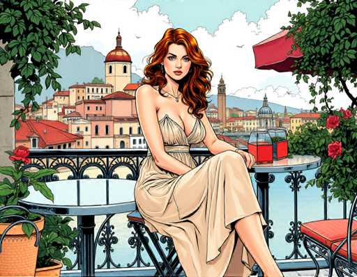 The image depicts a woman sitting on a balcony with her legs crossed and wearing a beige dress. The balcony is furnished with two chairs and an umbrella, providing a comfortable outdoor seating area. In the background, there are buildings that suggest an urban setting, and the sky above appears to be cloudy.